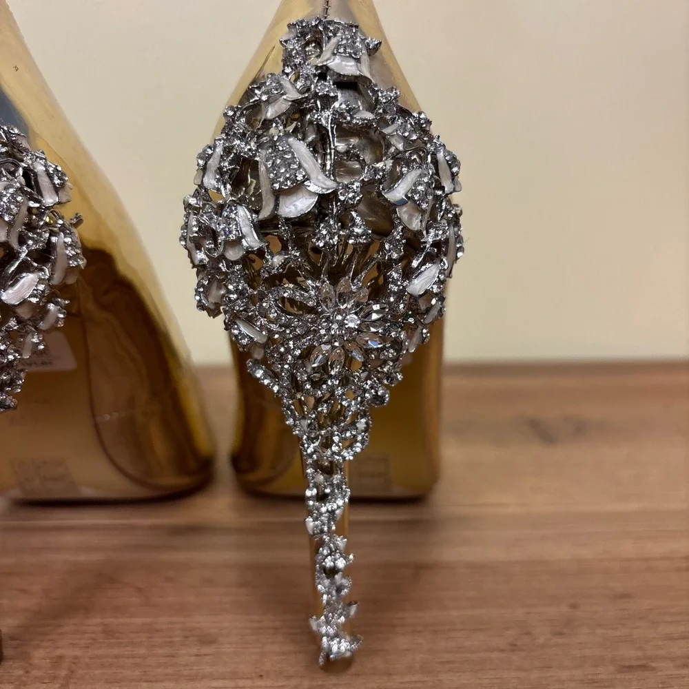 DUNE LONDON Audleys Pointed Toe Pumps Gold Women Size 36 Rhinestone Floral Party